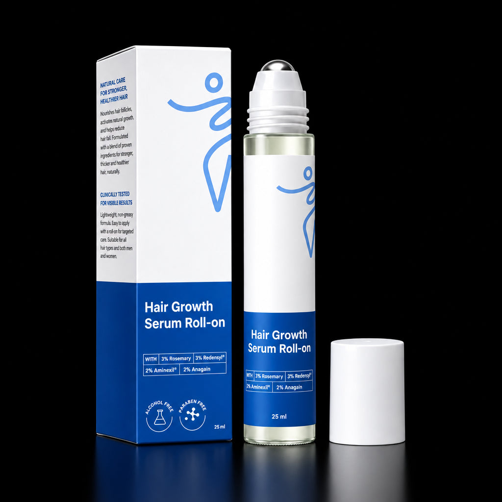 Hair Growth Serum roll-on bottle and box, 25ml