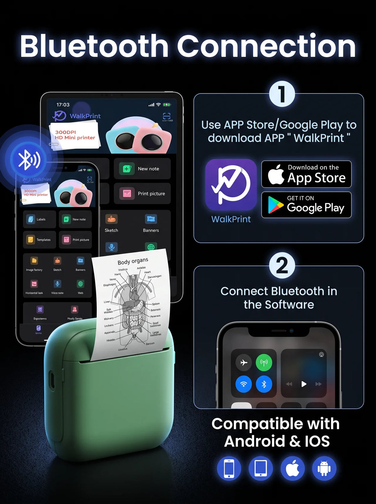 Pocket Bluetooth Thermal Printer - Bluetooth connection with the WalkPrint app
